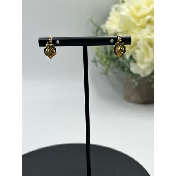 Designer Signed Vintage 18k Yellow Gold Flower Floral Dangle Drop Hook Earrings - Picture 3 of 15